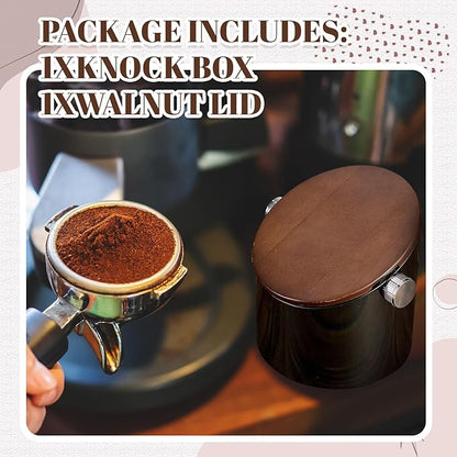 Espresso Knock Box with Walnut Lid for Coffee Grounds, Espresso Machine Accessory, Easy Disposal of Coffee Pucks, Removable Knock Bar(Black)