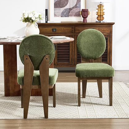 Mid-Century Modern Walnut Dining Chairs Set of 2, Vintage Green Wooden Kitchen Chairs, Retro Upholstered Velvet Cushioned Seat with Curved Backrest, Armless Accent Side Chair for Bedroom