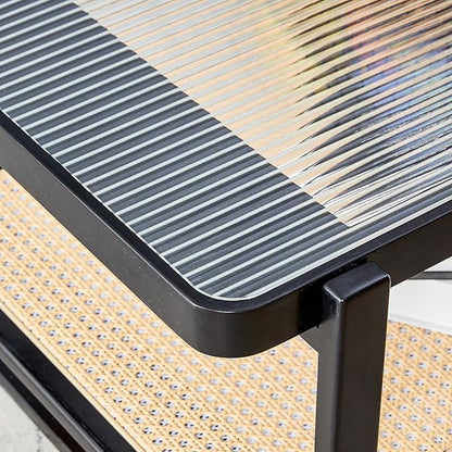 Mid Century Modern Coffee Table with Ribbed Glass Top and PE Rattan Storage Shelf, 45 Inch Rectangular Solid Wood Boho Coffe Table, Unique Center Table for Livinig Room Apartment Small Space