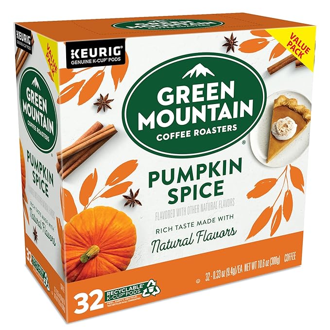 Green Mountain Coffee Roasters Seasonal Selections Pumpkin Spice, Keurig Single-Serve K-Cup Pods, Light Roast Cofee, 32 Count (Pack of 2)