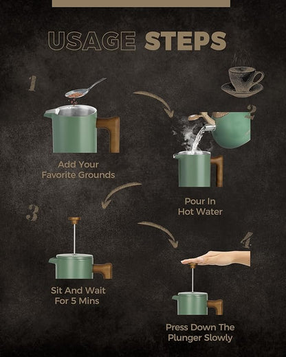 POLIVIAR French Press Coffee Maker, 34 oz Coffee Press with Real Wood Handle, Double Wall Insulation & Dual-Filter Screen, Food Grade Stainless Steel for Good Coffe and Tea (Flatland)