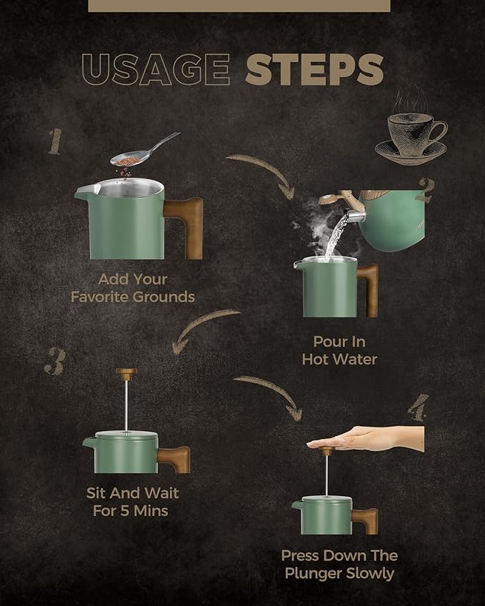 POLIVIAR French Press Coffee Maker, 34 oz Coffee Press with Real Wood Handle, Double Wall Insulation & Dual-Filter Screen, Food Grade Stainless Steel for Good Coffe and Tea (Flatland)