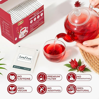 LeafLea 80 Hibiscus Tea Bags, 100% Natural Hibiscus Flowers, Caffeine-Free Herbal Tea, Red Hibiscus Flower Tea Bags, Te de Hibisco Natural, Sugar-Free, Non-GMO, Gluten-Free, Vegan (Pack of 2)
