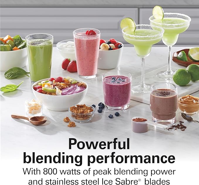 Hamilton Beach Wave Action Blender for Smoothies, Stainless Steel Ice Sabre Blades, 40oz Glass Jar, 20oz Blend-In Portable Travel Jar, 800 Watts, Quiet Design, Gray (58181)