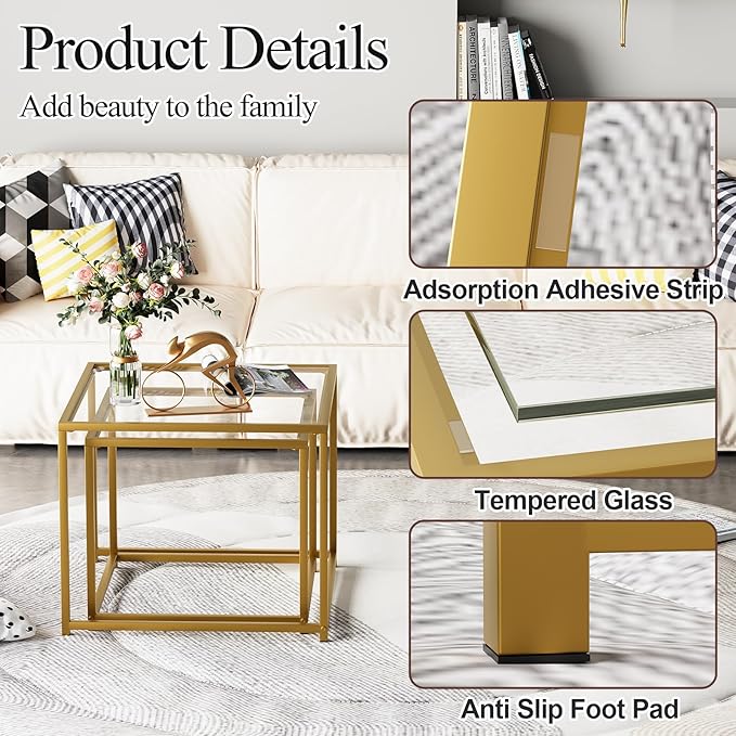 VILAWLENCE Coffee Table Set of 2, Modern Gold Glass Side Table, Metal Frame Square End Table, Center Tables, Nesting Coffee Table for Living Room, Bedroom and Small Spaces, 23.6in
