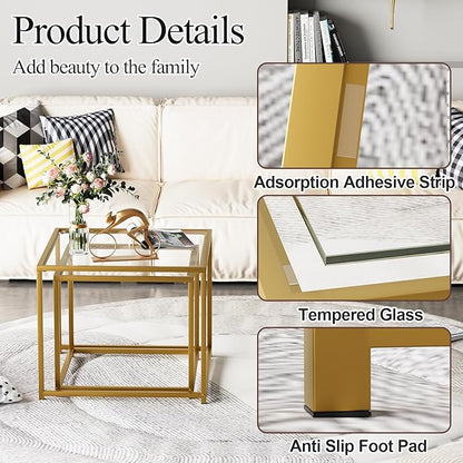 VILAWLENCE Coffee Table Set of 2, Modern Gold Glass Side Table, Metal Frame Square End Table, Center Tables, Nesting Coffee Table for Living Room, Bedroom and Small Spaces, 23.6in