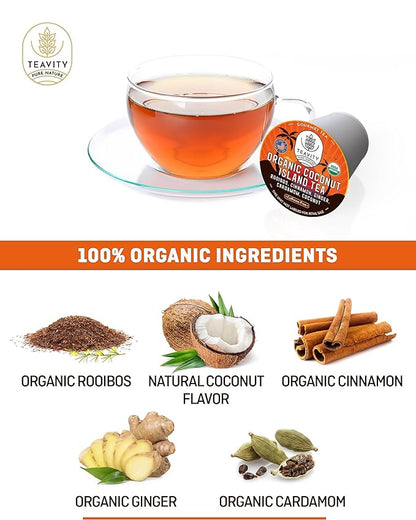 Coconut Rooibos Tea Pods for Keurig - Organic Ginger Tea, Rooibos, Cinnamon, Cardamom, Coconut by Coconut Island Teavity (24 Tea Pods)