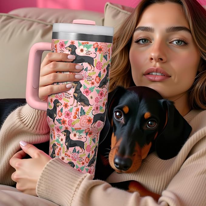 Dachshund Gifts for Women and Dachshund Lovers - 30 Oz Insulated Dachshund Coffee Water Tumbler with Handle and Straw - Dachshund Coffee Mug - Dachshund Drinking Cup Women