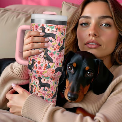 Dachshund Gifts for Women and Dachshund Lovers - 30 Oz Insulated Dachshund Coffee Water Tumbler with Handle and Straw - Dachshund Coffee Mug - Dachshund Drinking Cup Women