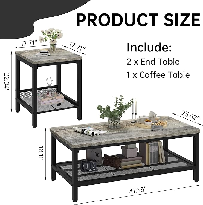 AWQM Coffee Table Set of 3, Industrial Coffee Table with 2 Square End Side Tables, Modern Living Room Table Set with Metal Frame for Apartment Home Office, Grey
