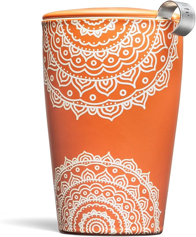 Tea Forte Chakra Double-Walled Ceramic Kati Cup with Removable Stainless Steel Infuser Basket and Lid, Steeps 12 oz Loose Leaf Tea, Lid and Cup Dishwasher & Microwave Safe