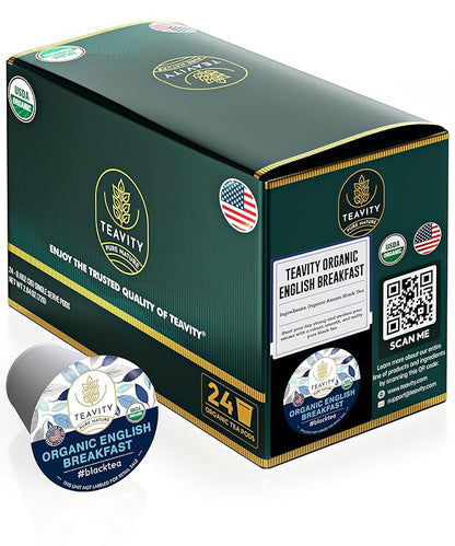 Organic English Breakfast Tea Pods for Keurig - Naturally Caffeinated Unsweetened Black Tea Pods by Teavity (24 Tea Pods)