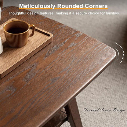 Modern Solid Wood Coffee Table, 2-Tier Small Wooden Coffee Table with Storage Shelf for Living Room, Apartment, Office, Walnut (48''D x 22''W x 18''H)