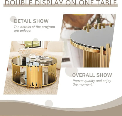 Round Coffee Table with Gold Stainless Steel Base, 2-Tier Black Glass Coffee Table Center Table, Modern Coffee Table Circular Living Room Table Cocktail Tables, Circle Center Tables