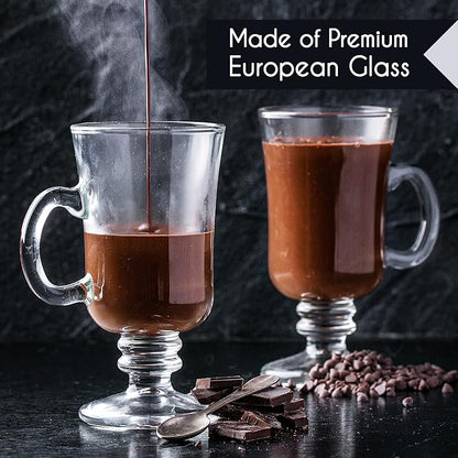 Volarium Irish Glass Coffee Mugs, Latte Cups, Set of 2 Cappuccino and Hot Chocolate Mugs with Handle, Clear Glass Mugs for Hot Beverages, 7 3/4 oz
