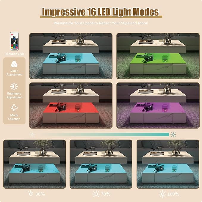 White Marble LED Coffee Table with 2 Storage Drawers for Living Room Square Center Middle Table Modern Cocktail Table with Light 2-Tier Tea Tables Contemporary Mid Century Wood Home Office