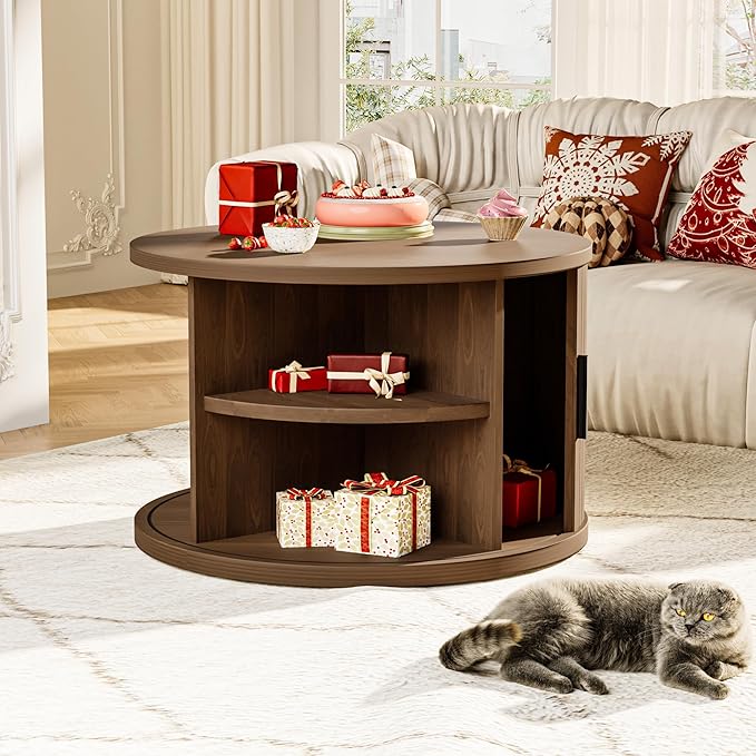 Round Coffee Table, 31.5" Fluted Coffee Table with Storage, Fluted Accent Center Table with Sliding Door, Mid Century Modern Coffee Table for Living Room, Coffee Table Circle Wood，Walnut