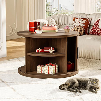 Round Coffee Table, 31.5" Fluted Coffee Table with Storage, Fluted Accent Center Table with Sliding Door, Mid Century Modern Coffee Table for Living Room, Coffee Table Circle Wood，Walnut