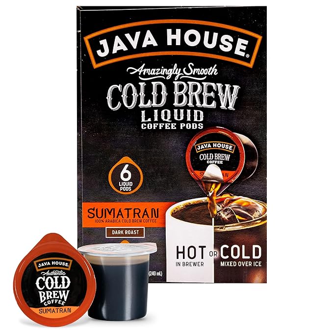 JAVA HOUSE Dark Roast Sumatran Cold Brew Pods, (6 Count) Peel and Pour Pods Hot or Iced Instant Coffee Concentrate