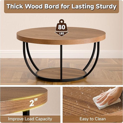 Round Coffee Table, 31" Coffee Table for Living Room Decor, 2-Tier Storage with Steel Frame, Space-Saving Wood Center Table, Modern Style Easy Assembly (Brown)