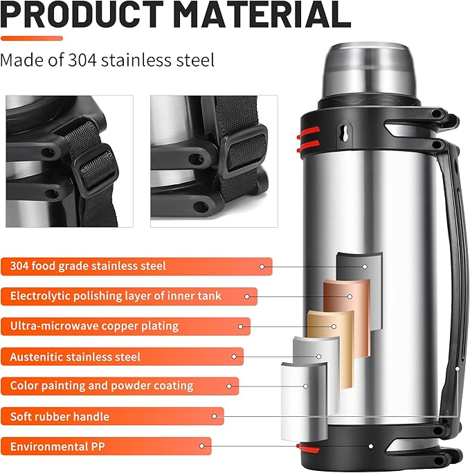Large Thermosflask- 202oz Stainless Steel Insulated Bottle for Travel with BPA Free Cup - 6L Oversized Vacuum Insulated Thermoses with Handle and Strap for Hot & Cold Drinks(Silver)