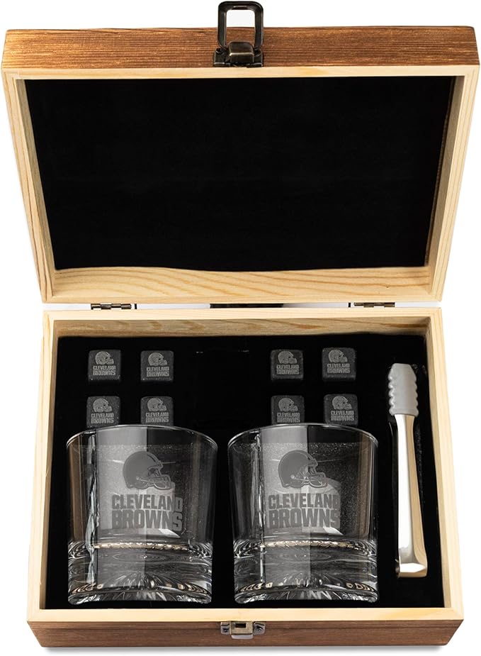 The Memory Company Officially Licensed NFL Wood Boxed Drinkware Set, with 2 Rocks Glasses and Cooling Cubes, Cleveland Browns