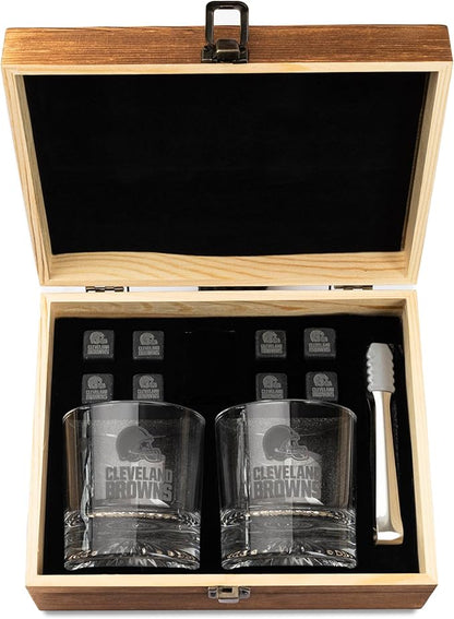 The Memory Company Officially Licensed NFL Wood Boxed Drinkware Set, with 2 Rocks Glasses and Cooling Cubes, Cleveland Browns