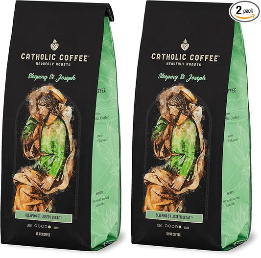 Catholic Coffee Sleeping St. Joseph | Decaf Dark Roast Ground Coffee – Clove & Prune Notes | 12oz Bag – Peaceful Catholic Gift for Evening Reflection (Pack of 2)