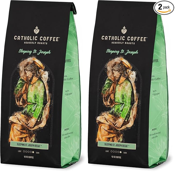 Catholic Coffee Sleeping St. Joseph | Decaf Dark Roast Ground Coffee – Clove & Prune Notes | 12oz Bag – Peaceful Catholic Gift for Evening Reflection (Pack of 2)