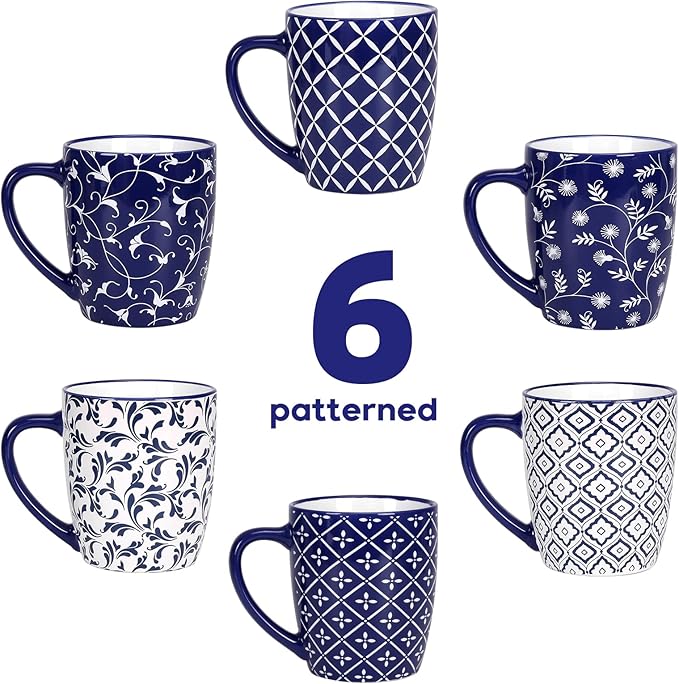 Schliersee 18 OZ Large Coffee Mugs Set of 6, Ceramic Mug for Man Woman, Blue White Geometric Floral Porcelain Cup for Latte, Hot Tea, Cappuccino, Mocha, Cocoa, Housewarming Wedding Mug Present