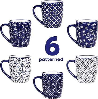 Schliersee 18 OZ Large Coffee Mugs Set of 6, Ceramic Mug for Man Woman, Blue White Geometric Floral Porcelain Cup for Latte, Hot Tea, Cappuccino, Mocha, Cocoa, Housewarming Wedding Mug Present