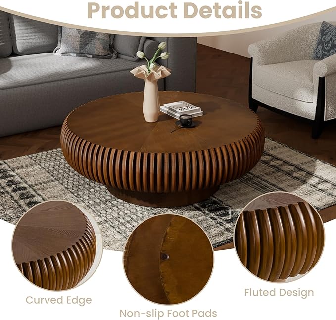 Round Fluted Coffee Table Modern Handcraft Drum Coffee Table with Sturdy Pedestal 31.5" Farmhouse Center Table Tea Table for Living Room, Reception Room, Entertainment Room (Walnut 31.5 inch)