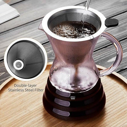 Unbreakable - Pour Over Coffee Maker with Permanent Stainless Filter 27 fl oz, Thickened Heat-Resistant Borosilicate Glass Dripper Coffee Brewer, Stovetop Safe, Pink