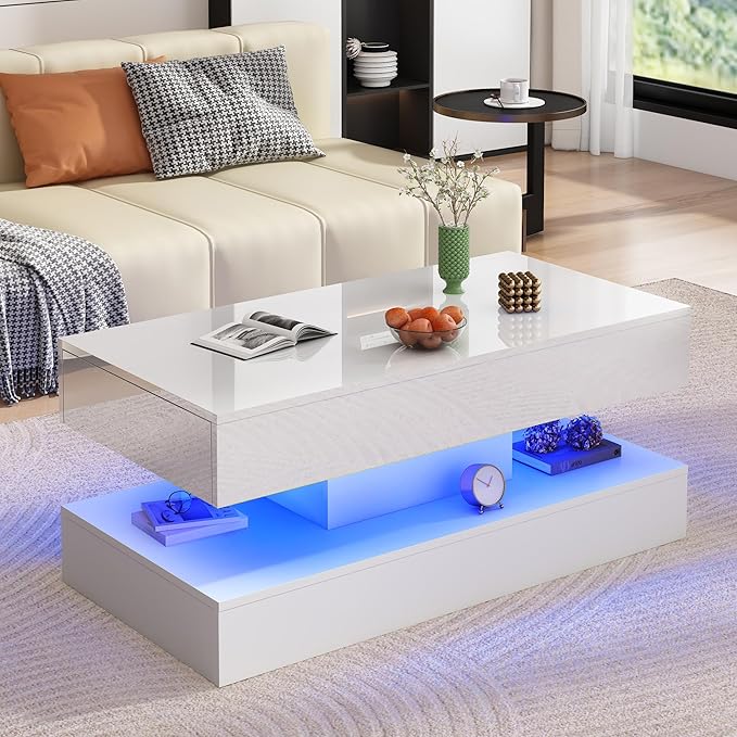 Uspeedy 39.37in Large High Glossy LED Coffee Table with 2 Storage Drawers,Black/White Modern Coffee Tables for Living Room,Living Room Tables,APP LED Lights (White)