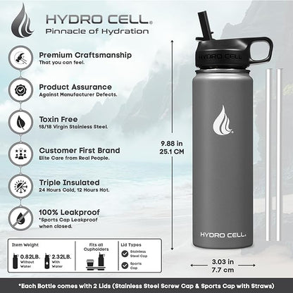 HYDRO CELL Stainless Steel Insulated Water Bottle with Straw - For Cold & Hot Drinks - Metal Vacuum Flask with Screw Cap and Modern Leakproof Sport Thermos for Adults (Graphite 24oz)