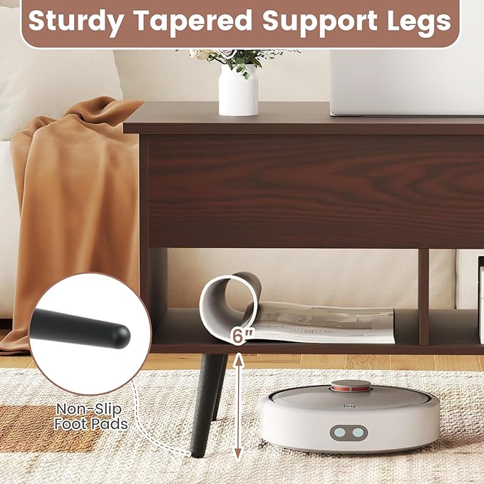 Tangkula Lift Top Coffee Table, Modern Cocktail Table with Hidden Compartment & 2 Open Shelves, Flip Top Center Table, Wooden Pull up Coffee Table for Living Room, Reception Room, Office (Brown)