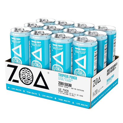 ZOA Zero Sugar Energy Drinks, Tropical Punch - Sugar Free with Electrolytes, Healthy Vitamin C, Amino Acids, Essential B-Vitamins, and Caffeine from Green Tea - 12 Fl Oz (12-Pack)