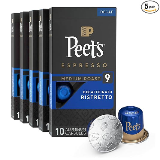 Peet's Coffee, Medium Roast Decaf Espresso Capsules, Compatible with Nespresso Original Machine - Decaf Ristretto Intensity 10, 50 Count (5 Boxes of 10 Espresso Capsules)