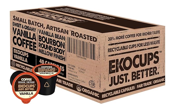 EKOCUPS Artisan Organic Vanilla Flavored Hot or Iced Coffee, Medium roast, in Recyclable Single Serve Cups for the Keurig K Cup Brew, 40 Count