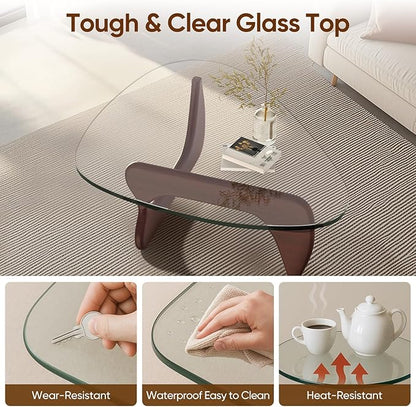Noguchi Table Triangle Glass Coffee Table Vintage Glass End Table, Solid Wood Base and Triangle Clear Glass Top Modern End Table for Living Room, Patio, Study, Dark Walnut