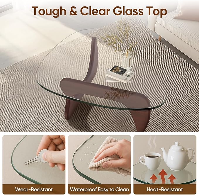 Noguchi Table Triangle Glass Coffee Table Vintage Glass End Table, Solid Wood Base and Triangle Clear Glass Top Modern End Table for Living Room, Patio, Study, Dark Walnut
