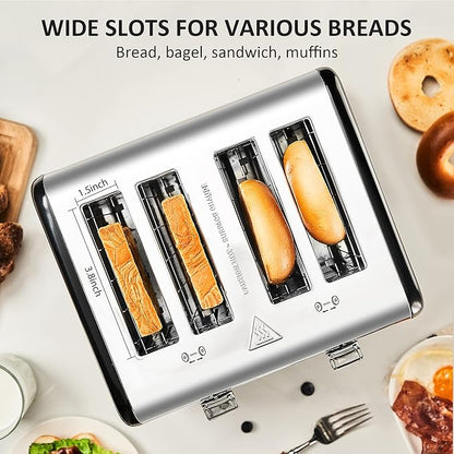 Roter Mond Countdown Stainless Steel 4 Slice Toaster with Bagel, Defrost, Cancel Function, Dual Toaster, Extra Wide Slots, 6 Shade Settings, Removable Crumb Trays, 1650W, Black