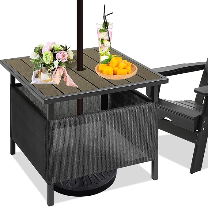 LZRS Adirondack Square Outdoor Side Table with Umbrella Hole, Pool Composite Patio Table,HDPE End Tables for Backyard,Pool, Indoor Companion, Easy Maintenance & Weather Resistant(Light Brown)