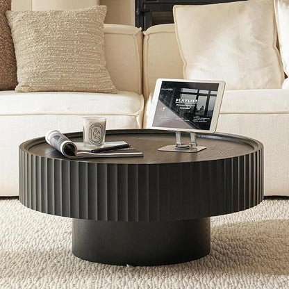 Round Wood Coffee Table - Wooden, Ribbed-Design, 30.3" Dia, 14.9" H Living Room Table, Center Table Simple Modern Style for Home Living Room Furniture (Black, 30.3''L×14.9''H)