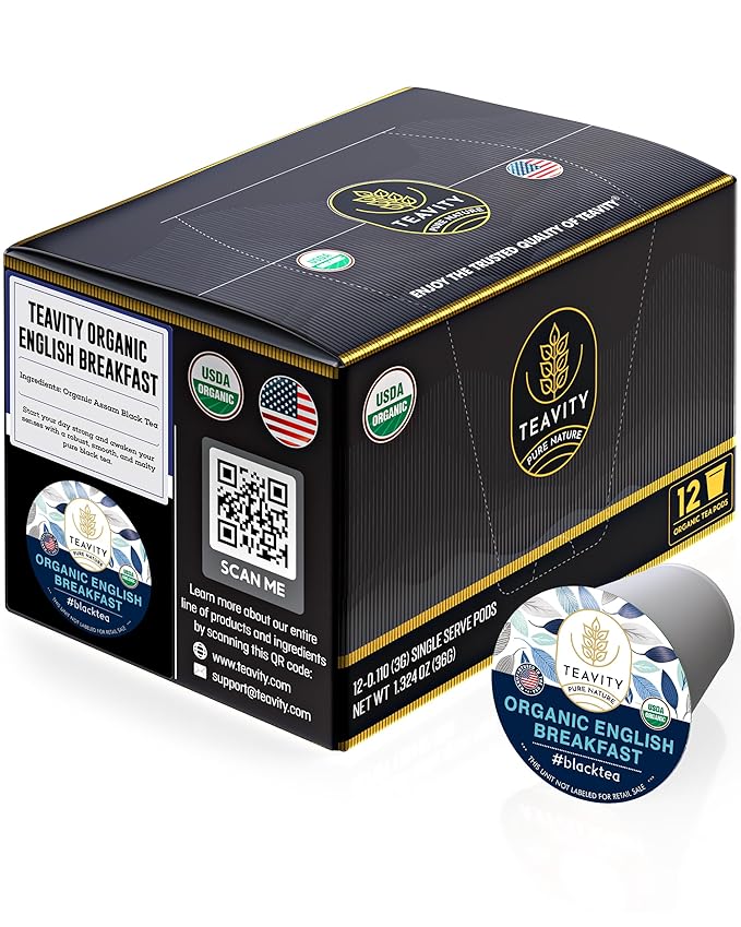 Organic English Breakfast Tea Pods for Keurig - Naturally Caffeinated Unsweetened Black Tea Pods by Teavity (12 Tea Pods)