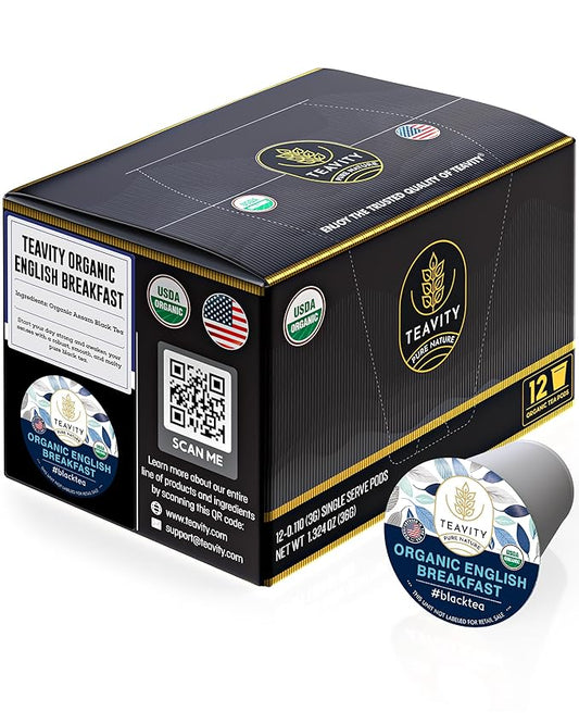 Organic English Breakfast Tea Pods for Keurig - Naturally Caffeinated Unsweetened Black Tea Pods by Teavity (12 Tea Pods)