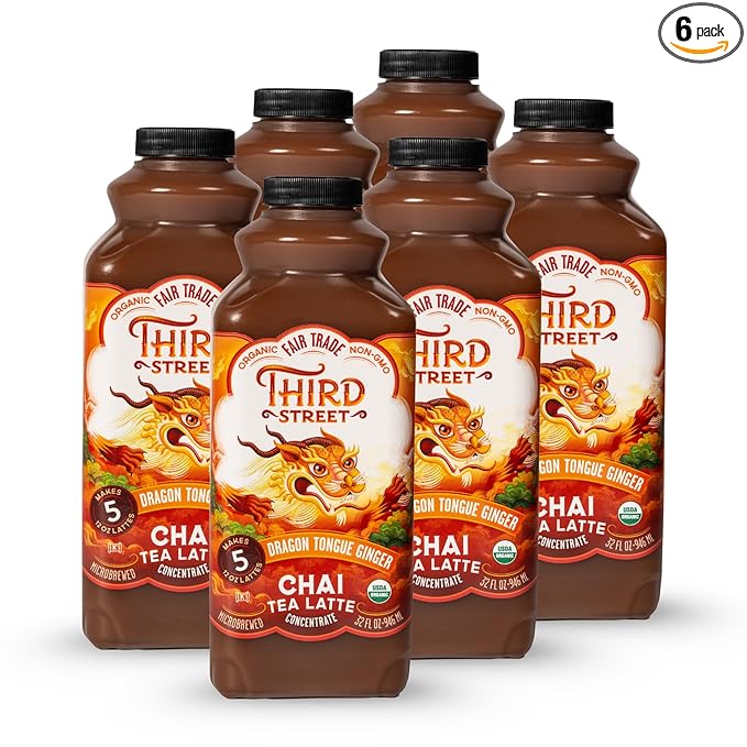 Third Street Inc. Organic Dragon Tongue Ginger Chai Concentrate, 32 Fl. Oz., Black Tea Latte Concentrate, Generously Spiced Tea Blend, Beverage Concentrate 1:1, Vegan, Gluten Free, Kosher, Non-GMO