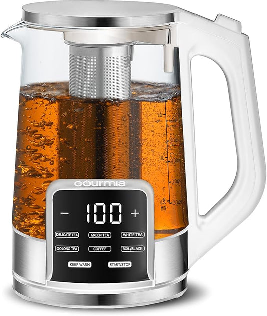Gourmia Electric Programmable Glass Kettle – 1.7L Temperature Control Tea & Coffee Kettle with Digital Touch Display, 6 Presets, Keep Warm, Removable Stainless Steel Infuser, 360° Swivel Base – White