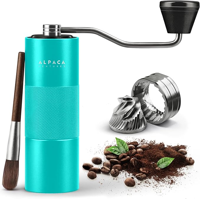Manual Coffee Grinder by Alpaca Ventures - Stainless Steel Conical Burr Coffee Grinder Manual with Adjustable Setting Double Bearing Hand Espresso Grinder Perfect for Home, Office and Camping