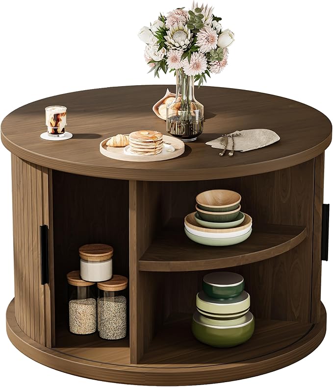 Round Coffee Table, 31.5" Fluted Coffee Table with Storage, Fluted Accent Center Table with Sliding Door, Mid Century Modern Coffee Table for Living Room, Coffee Table Circle Wood，Walnut